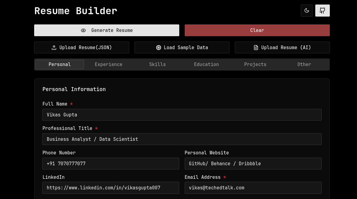 ResumeBuilder.js - Free Online Resume Builder with Live Editing